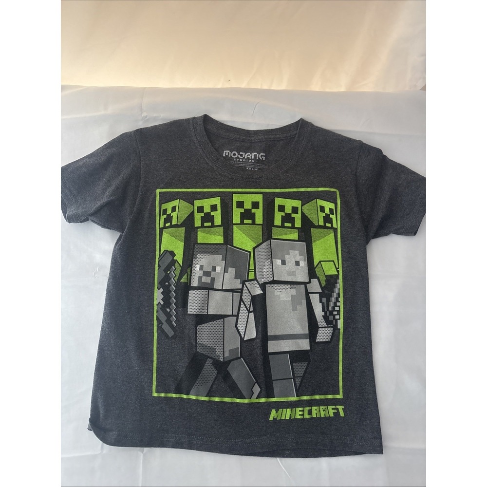 Mojang Studios Minecraft Creeper Graphic Tee Kids Size XS 6/7 Gray Green